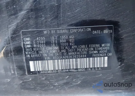 2019 Subaru Impreza 2.0I Premium из США, поврежденный, VIN 4S3GKAD63K3620484